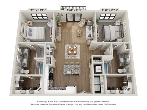 Floor plan for 2 beds, 2 baths, 1191 sqft